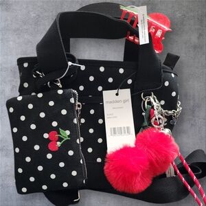 Madden Girl Black Polka Dot Mini Tote with Cherry Patch and Red Pom